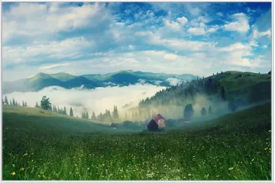 Produktbild von Wallario Wandbild Morgennebel zwischen Berghängen, Größe: 61 x 91,50 cm, Poster mit weißem Aluminiumrahmen
