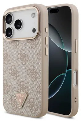 A close-up view of a phone case with a repeating logo pattern and a small triangular brand logo.