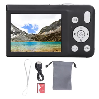 The back of a black digital camera is shown, displaying a scenic image on its screen. Below the camera are several accessories: a white wrist strap, a black USB cable, a red battery, and a gray drawstring pouch.