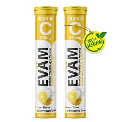 Produktbild von EVÄM Vitamin C Brausetabletten 2er Pack, Zitronengeschmack, Immunsystem & Energie, Verringerung von Müdigkeit und Ermüdung, zuckerfrei vegan