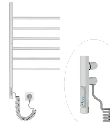 A white electric towel warmer with six folding arms is shown against a white background. A close-up of the control panel and power cord is also visible.