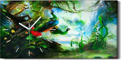 Produktbild von Dekor Leinwand Uhr Wandbilder 60x30 Malerei Wald Bäume Tier Pfau Kunst - weiße Hände