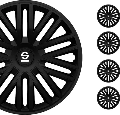 A set of black wheel covers on a white background.