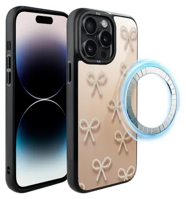 Zdjęcie produktu dla Etui do iPhone 14 Pro, kompatybilne z MagSafe, czarne matowe boki, kokardki z pereł