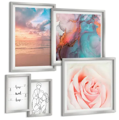 Produktbild von Bilder Set 5-teilig im silbergerahmten Rahmen – Wandbilder 5 Stück – gerahmte Poster für Wohnzimmer, Schlafzimmer und Flur – 50x50 cm - 40x60 cm – Blumenfamilie minimalistisch