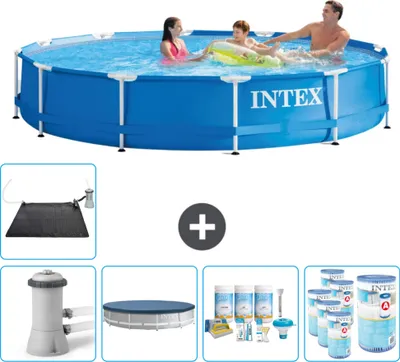 Obrázek produktu pro Kulatý rámový bazén Intex - 366 x 76 cm - modrý - včetně krytu čerpadla - balíček na údržbu - filtr - solární podložka