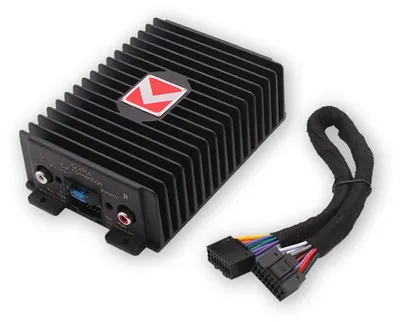 A black car amplifier with a red and white logo, and a wiring harness, is shown against a white background.