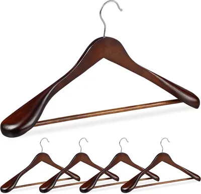 Immagine prodotto di Set di 5 appendiabiti in legno - Spalle larghe - Ideali per abiti eleganti, giacche - Gancio girevole a 360° - Barra per pantaloni - Colore marrone