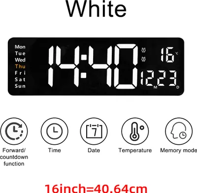 Obrázok produktu pre Veľké digitálne nástenné hodiny LED, diaľkové ovládanie, teplota, dátum, týždenný displej, pamäťová tabuľka, montáž na stenu, dva elektronické budíky, 16 INCH, biela