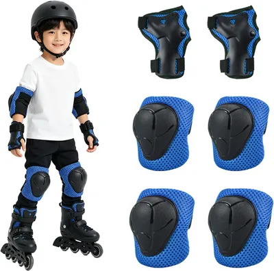 Imagen del producto de Equipo de protección para patinaje, de 6 piezas, ajustable, color azul, para niños, incluye protectores para rodillas, codos y muñecas