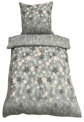 Produktbild von 2 tlg Winter Bettwäsche 135x200 Thermo Fleece grau rosa Schneeflocken Kristall