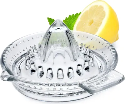 A clear glass citrus juicer with a lemon slice and mint leaves in the background.