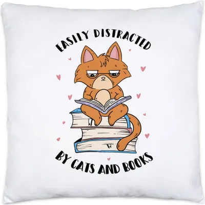 Produktbild von Easily distracted by cats and books Kissen Bücherliebhaber Katzenfreunde süße Katze Bücherwurm lesen