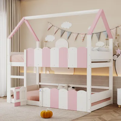 Produktbild von Flieks Etagenbett 90x200cm mit Rausfallschutz, Kinderbett Hausbett mit Tür, Hochbett Einzelbett mit Lattenrost für Kinderzimmer, Rosa