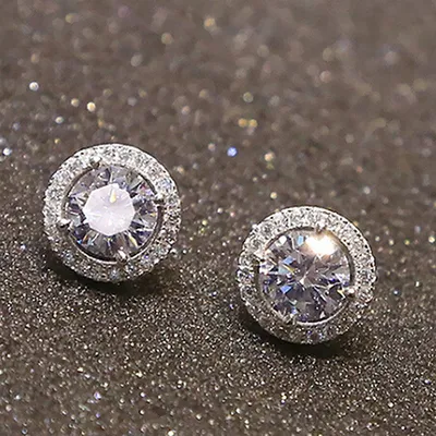 Produktbild von Modische, runde, mit Zirkon eingelegte Ohrringe für Damen, r silberfarbener Ohrstecker-Schmuck