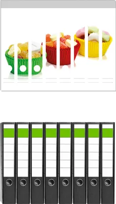 Produktbild von Wallario 8 Stück schmale Ordner inkl. Klebeetiketten mit Motive Sweets - Süßigkeiten-Muffins in der Küche -  Set mit Rückenschildern / Ordnerrücken Stickern
