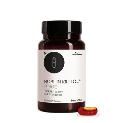 Produktbild von Medicom Nobilin Krillöl® Forte Licaps mit Omega-3-Fettsäuren, Phospholipide, Cholin und Astaxanthin - 60 Kapseln für Herz, Gehirn und Augen