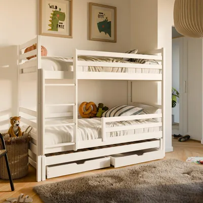 Image de Lit mezzanine 90x200 avec lit gigogne Lit superposé avec fonction gigogne, deux tiroirs, sommier à lattes, protection contre les chutes, transformable en trois lits simples, bois massif en blanc