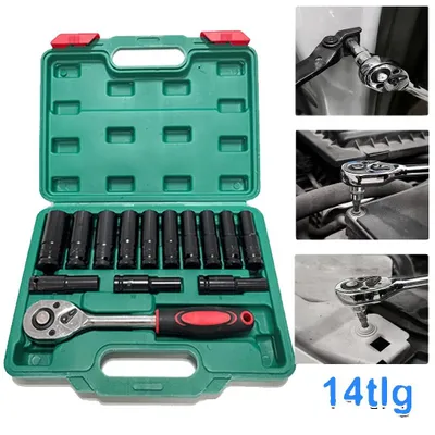 Image de Jeu de clés plates, 14 pièces, entraînement de 1/2 pouce, tailles de 8 à 24 mm, en acier chromo-molydène, avec mallette en plastique