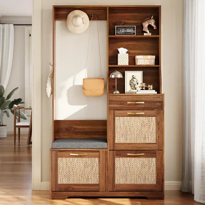 Produktbild von Merax Garderobenschrank mit Sitzbank, Flurgarderobe mit Rattan Front, Schuhschrank mit 3 Schuhklappen, Kleiderhaken, Schublade, Eingang, Nussbaum