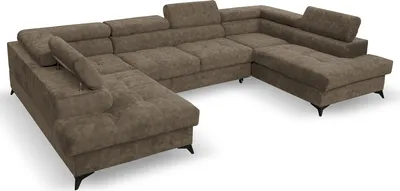Image de MargaretHadas24 Canapé d'angle en U Palermo avec fonction couchage, rangement pour literie 345 x 202 cm Grand canapé, appuie-têtes réglables Canapé XXL, 5 places, marron