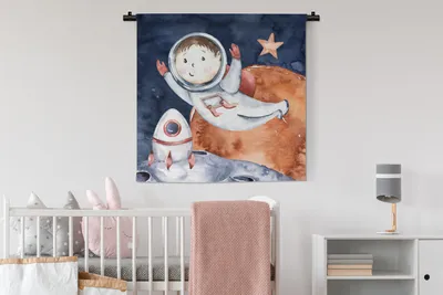 Produktbild von MuchoWow® Wandteppich Wandbehang Weltraum - Mond - Rakete - Jungen - Mädchen - Kinder 90x90 cm Tapisserie Dekoration Wandtuch - Wandaufhänger
