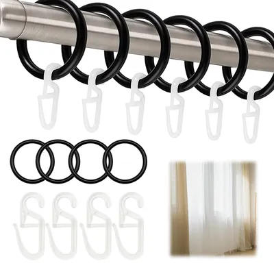 Produktbild von 100 Gardinenringe mit Haken, Gardinenaufhängungsringe und 100 Kunststoff-Gardinenhaken, Gardinenringe mit Haken, Gardinenringe für einen Innendurchmesser von 30 mm, für Fenstergardinen (schwarz)