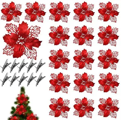 Productafbeelding van ZDQC 20 stuks kerstboomversiering glitter poinsettia kunstkerstbloemen