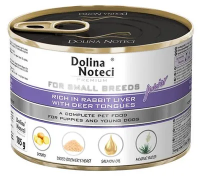 Zdjęcie produktu dla Mokra karma dla psów junior małych ras Dolina Noteci Premium bogata w wątróbkę z królika z ozorami z jelenia puszka 185 g