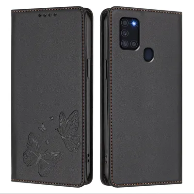 Image de Étui en cuir pour Samsung Galaxy A21S, motif papillon, étui à rabat avec porte-téléphone, noir