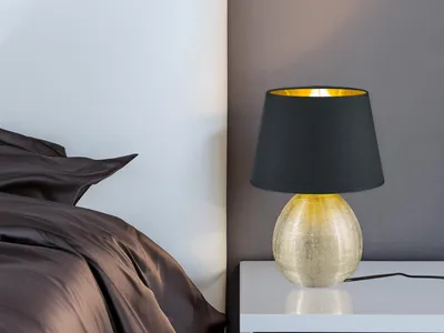 Produktbild von Keramik Tischleuchte LUXOR 35cm, Stofflampenschirm Schwarz/Gold Ø24cm
