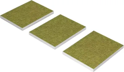 Three square flat objects with yellow and green stripes are arranged diagonally on a white background.