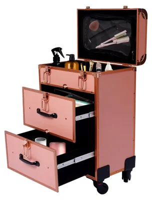 Produktbild von Kosmetiktrolley mit Schubladen und abschließbarem Schminkkoffer in Gold