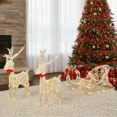 Produktbild von 3-Teiliges LED Rentier, Beleuchtete Weihnachtsdekoration mit 2 Hirschen und Schlitten, 150 RGB-LEDs und Funkfernbedienung
