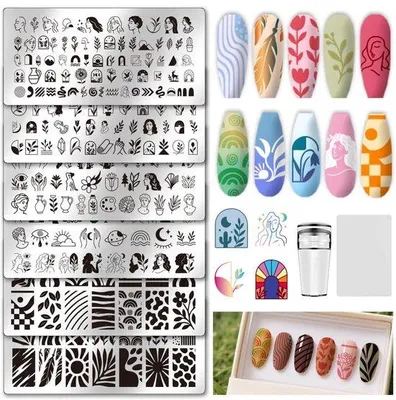 Image de Kit de 6 tampons pour ongles - Motifs : femmes et plantes - Tampons en chrome