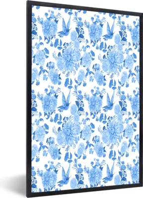 Produktbild von MuchoWow® MuchoWow® Gerahmtes Poster Blumen - Muster - Blau 20x30 cm - Poster mit zchwarzem Bilderrahmen - Drucken - Bilder Poster im Rahmen