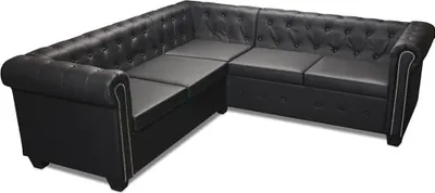 A black sectional sofa is shown from a slightly elevated angle against a white background.