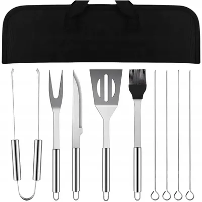 Produktbild von Grillbesteck Set 10-teilig Edelstahl in Tasche – Grillwerkzeug Set inkl. Grillzange, Wender, Messer & Schaschlikspieße – Grillzubehör für Garten & Cam