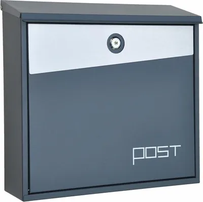 A modern, gray wall-mounted mailbox with a silver accent panel and a lock.