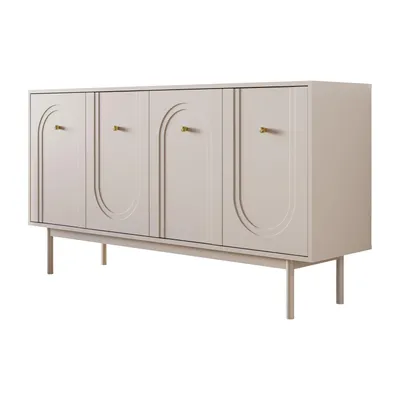A beige sideboard with four doors and gold handles, standing on wooden legs, isolated on a white background.
