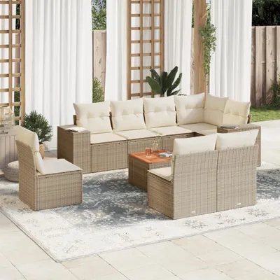 Produktbild von Design 9-tlg. Garten-Sofagarnitur mit Kissen Beige Poly Rattan, Gartenmöbel-Sets 2024 Neu