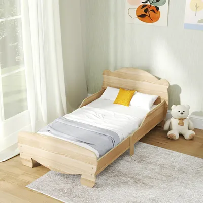 Produktbild von Kinderbett Hausbett mit Bären-Design, Spielbett Jugendbett MDF, Naturholz | 143,5 x 80 x 55 cm | bis 80 kg | mit 2 Schutzgittern