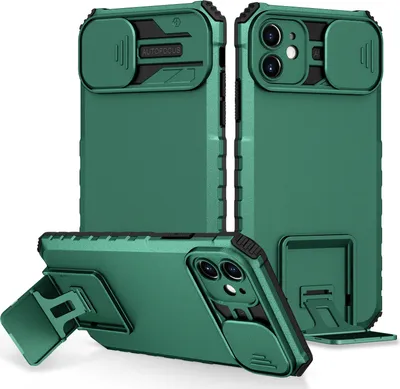 Produktbild von iPhone 11 Hülle, Dual Layer Ständer Schutzhülle mit Schiebe Kamera Schutz für iPhone 11 Grün