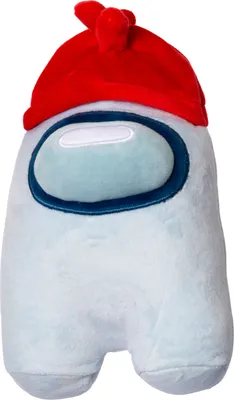 A light blue plush toy wearing a red hat.