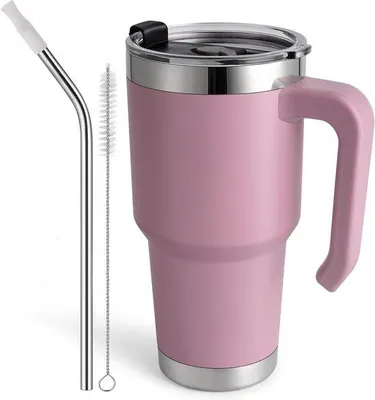 Image de Gobelet en acier inoxydable avec poignée - Gobelet de voyage, couvercle anti-fuites, sans BPA, avec anse et brosses