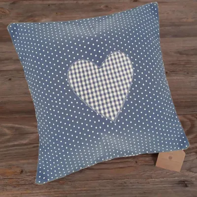 Immagine prodotto di Copricuscino 30x30 cm cuore blu a pois stile country in cotone