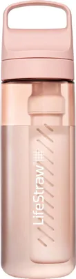 A pink LifeStraw water bottle with a built-in filter.
