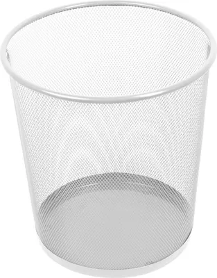 A white mesh waste bin with a solid gray base.