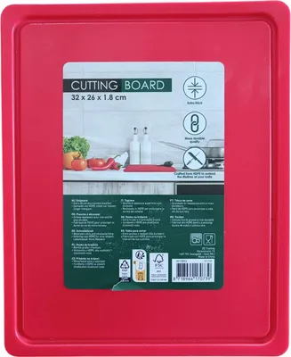 The image shows the packaging of a red cutting board.