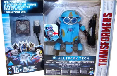 The image shows the retail packaging of a Transformers Autobot Sqweeks Allspark Tech starter pack.